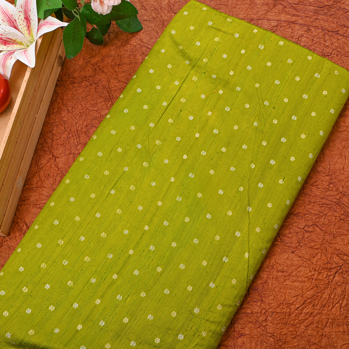Olive Silver Zari Floral Butti Jamawar Silk Fabric