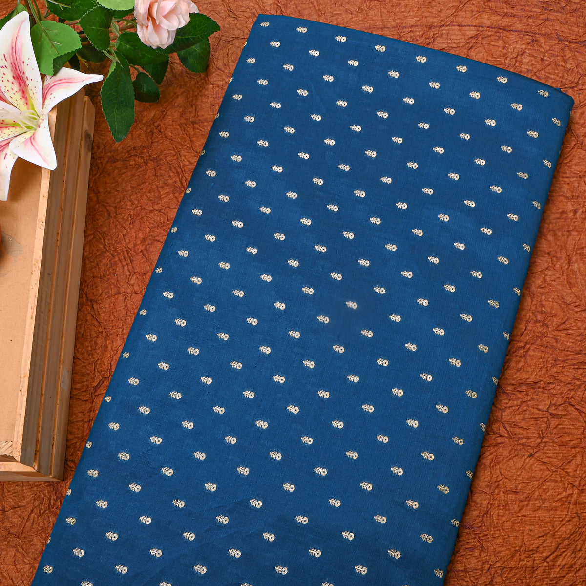 Denim Blue Silver Zari Floral Butti Banarasi Silk Fabric