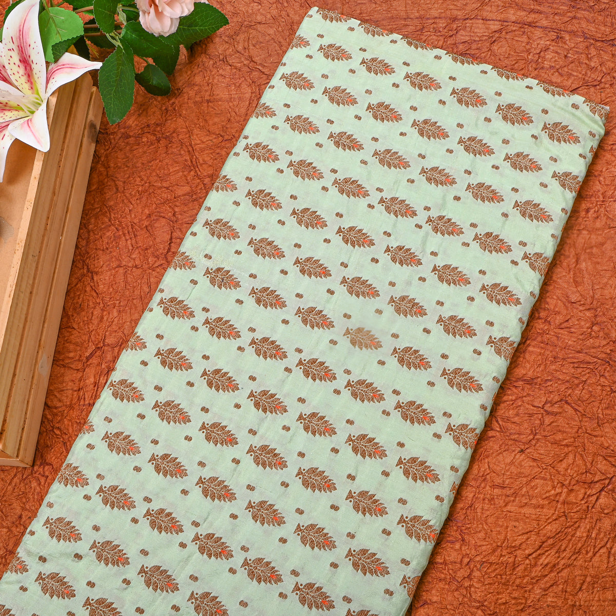 Sage Green Antique Gold Leaf Brocade Self Weave Jamawar Silk Fabric