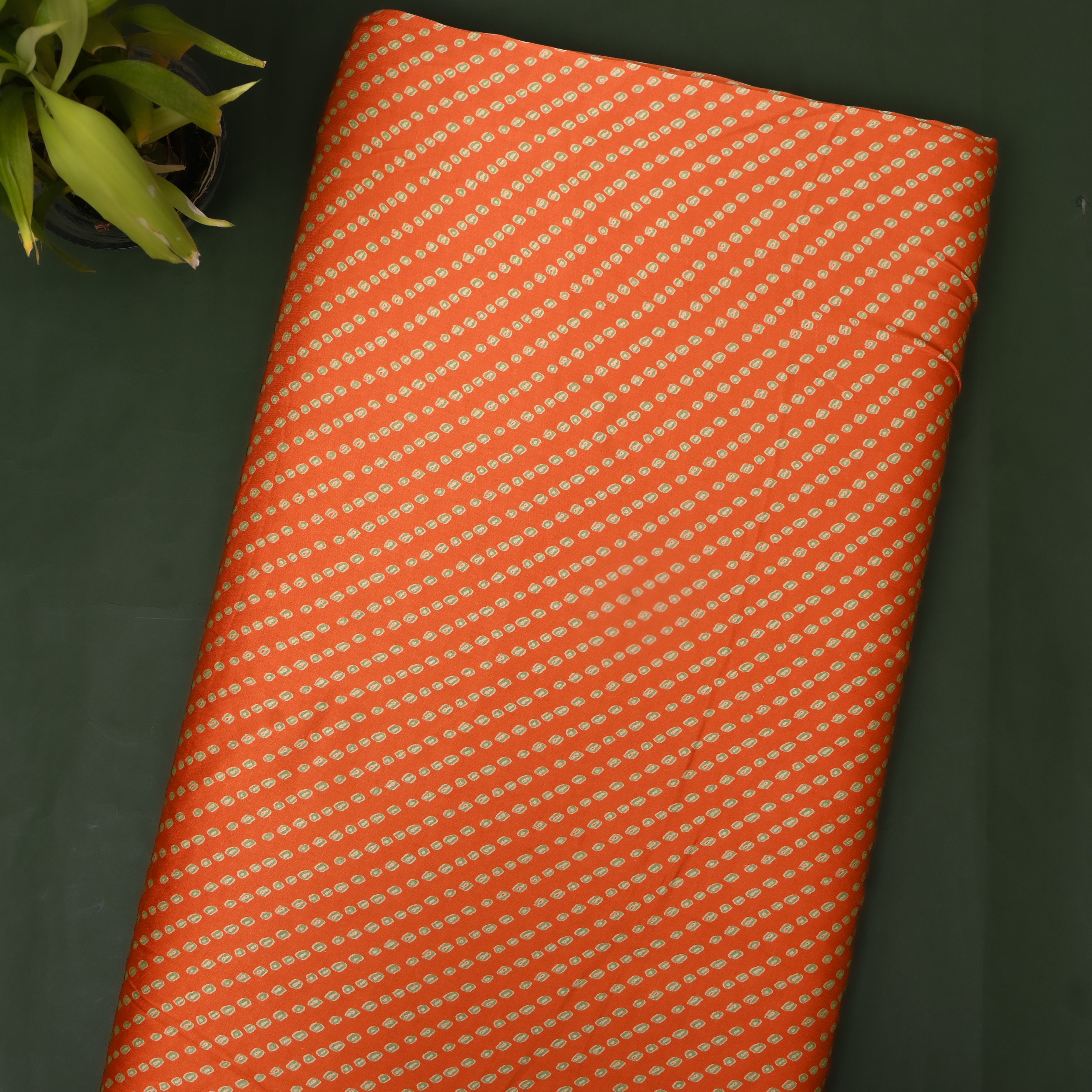 Orange Green Diagonal Bandhani Print Satin Fabric