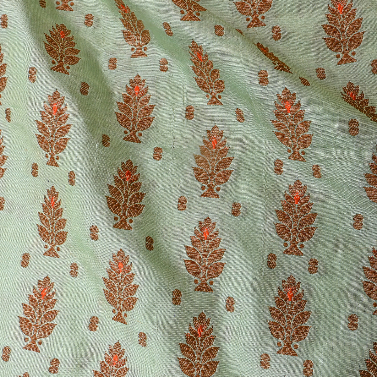 Sage Green Antique Gold Leaf Brocade Self Weave Jamawar Silk Fabric