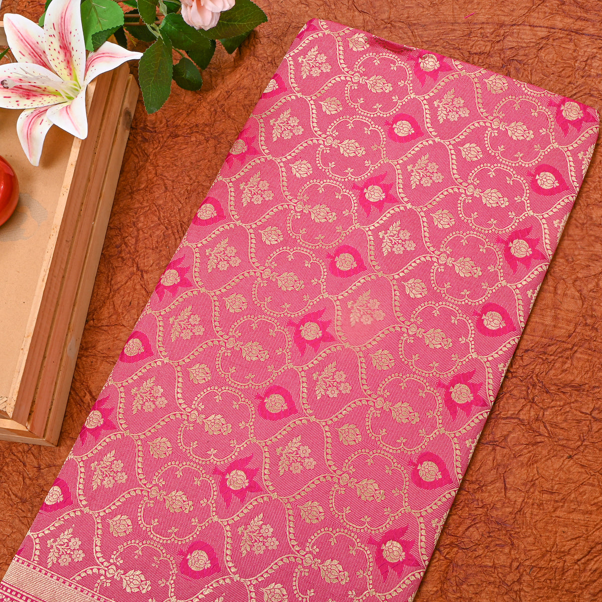Rani Pink Gold Zari Weave Brocade Jamawar Silk Fabric