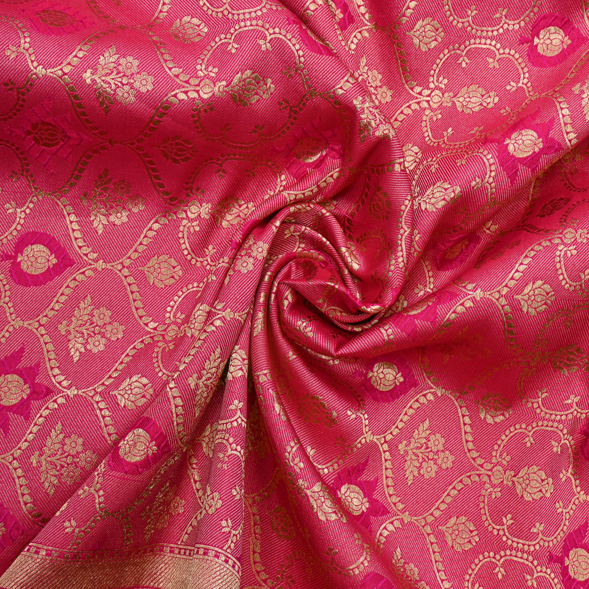 Rani Pink Gold Zari Weave Brocade Jamawar Silk Fabric