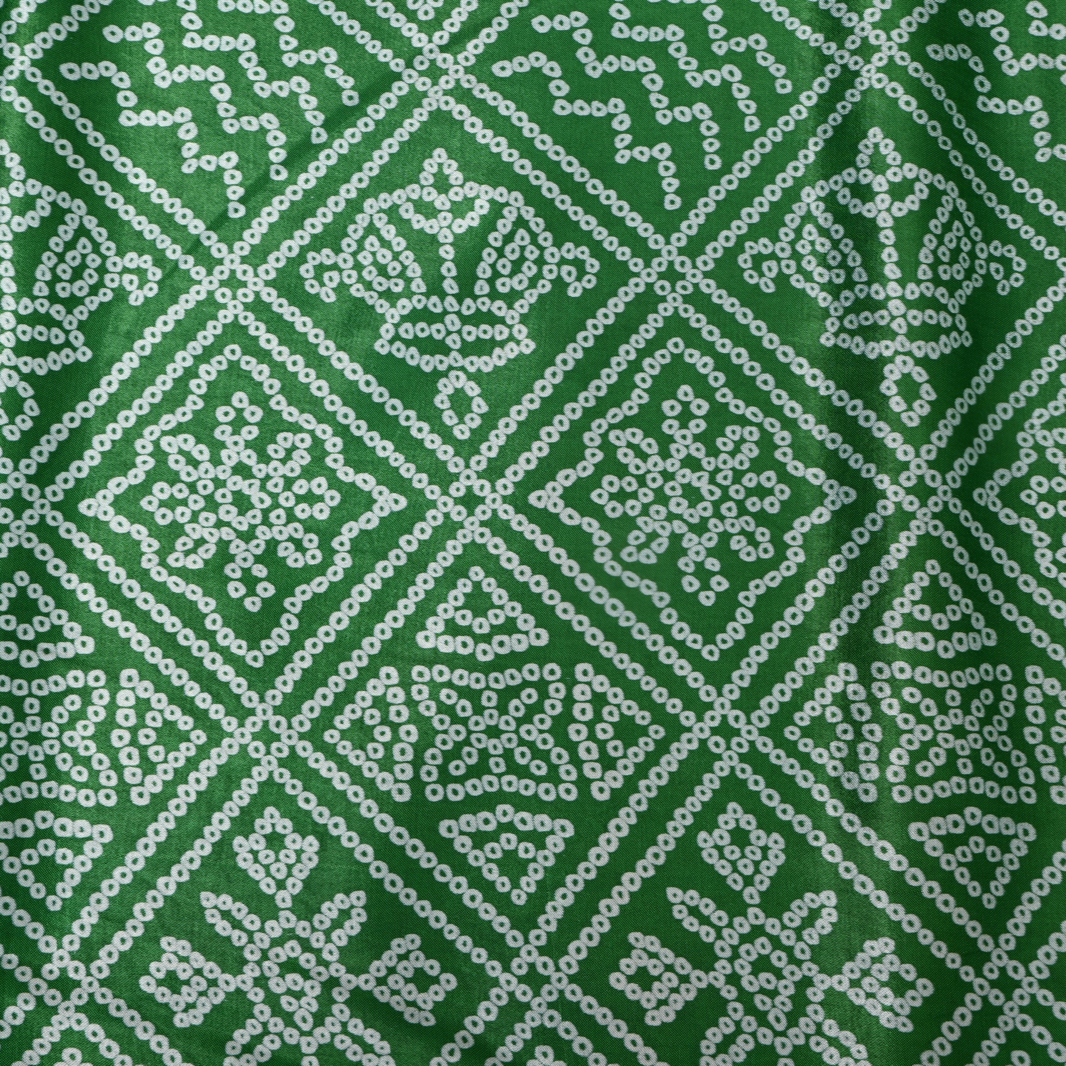 Green And White Geometric Bandhani Printed Satin Fabric