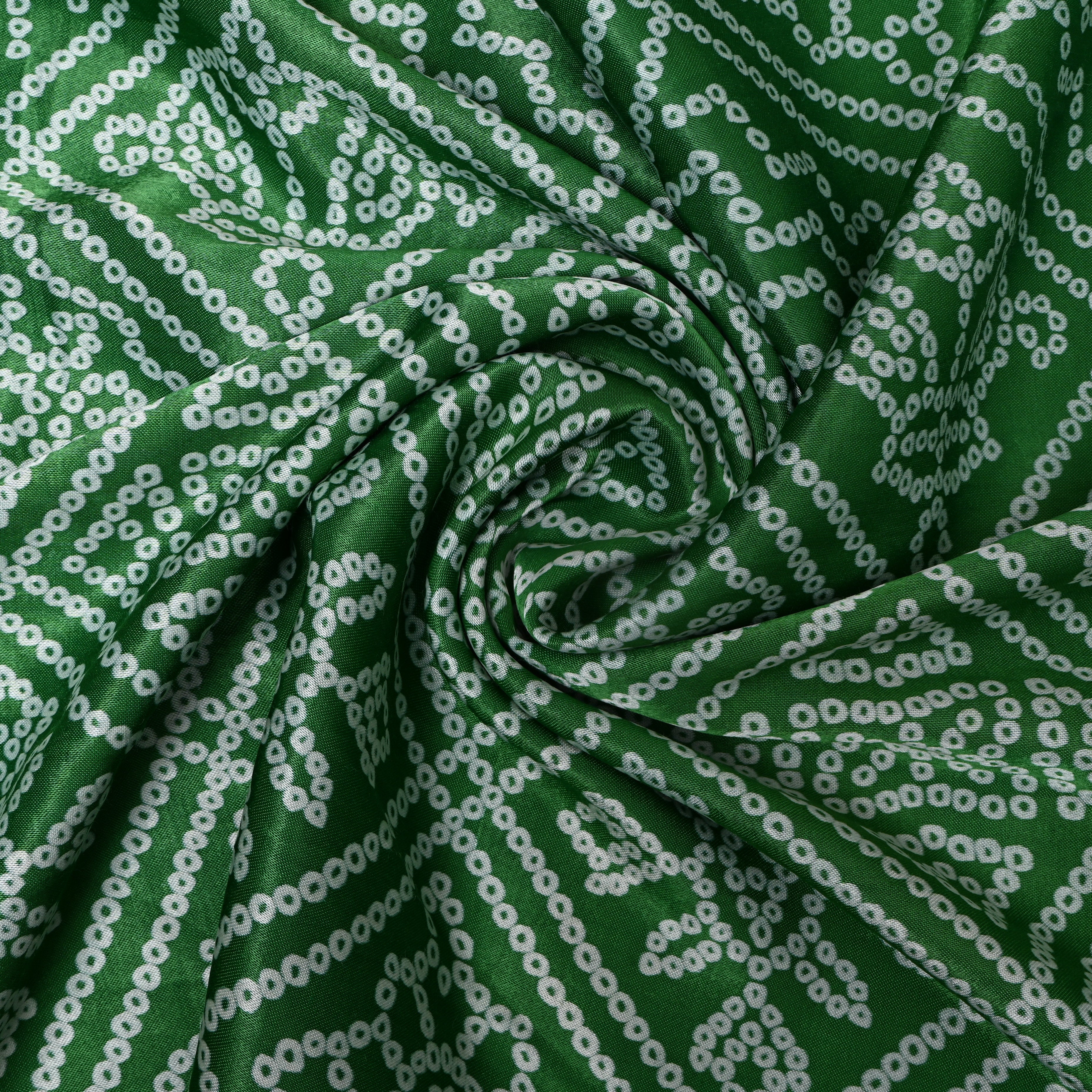 Green And White Geometric Bandhani Printed Satin Fabric