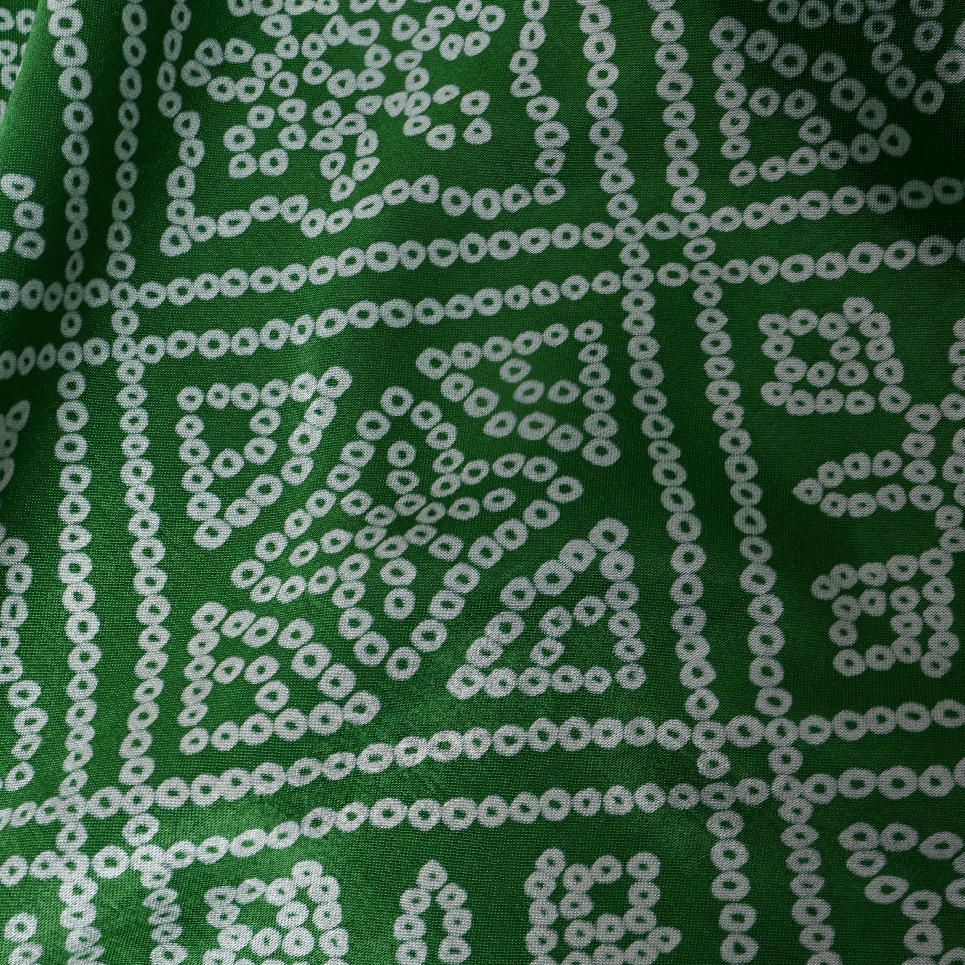Green And White Geometric Bandhani Printed Satin Fabric