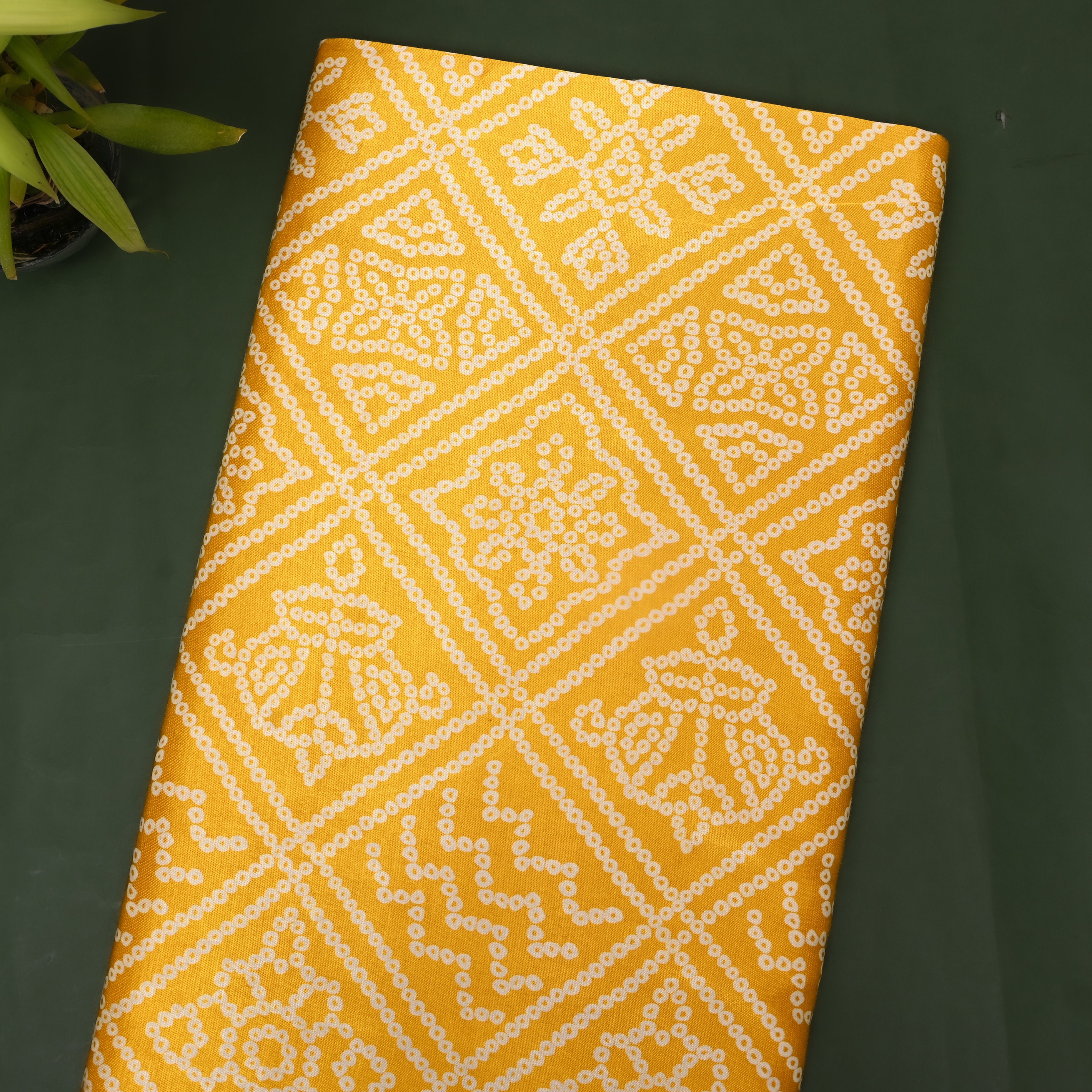 Mustard Yellow And White Geometric Bandhani Printed Satin Fabric