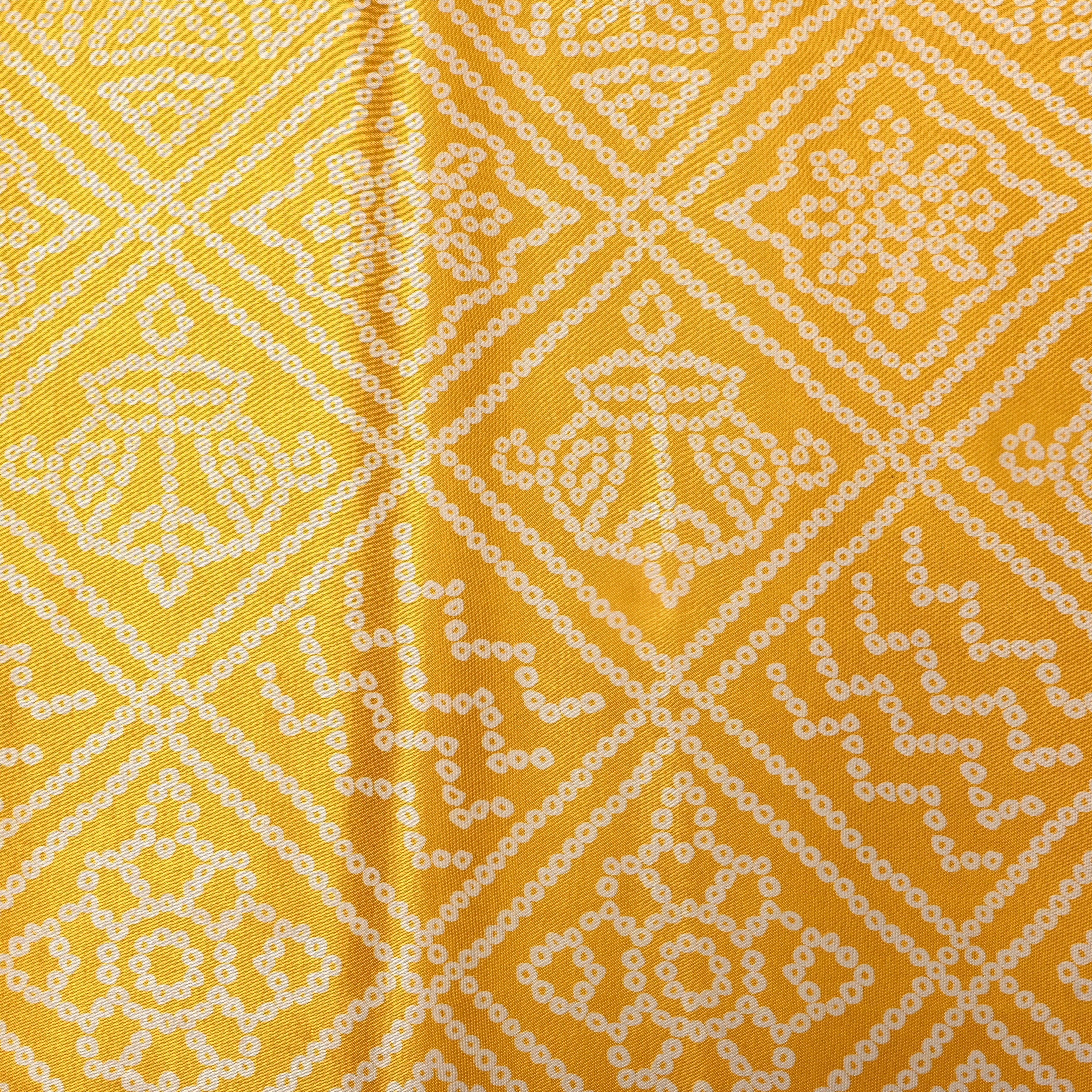 Mustard Yellow And White Geometric Bandhani Printed Satin Fabric