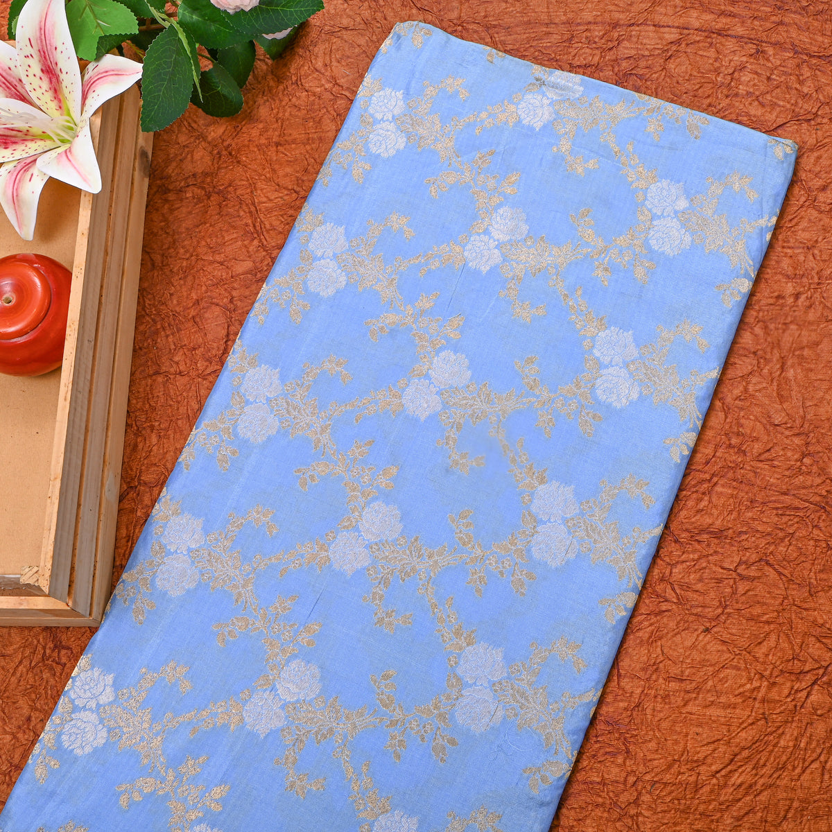 Cornflower Dual Zari Floral Trellis Jamawar Silk Fabric