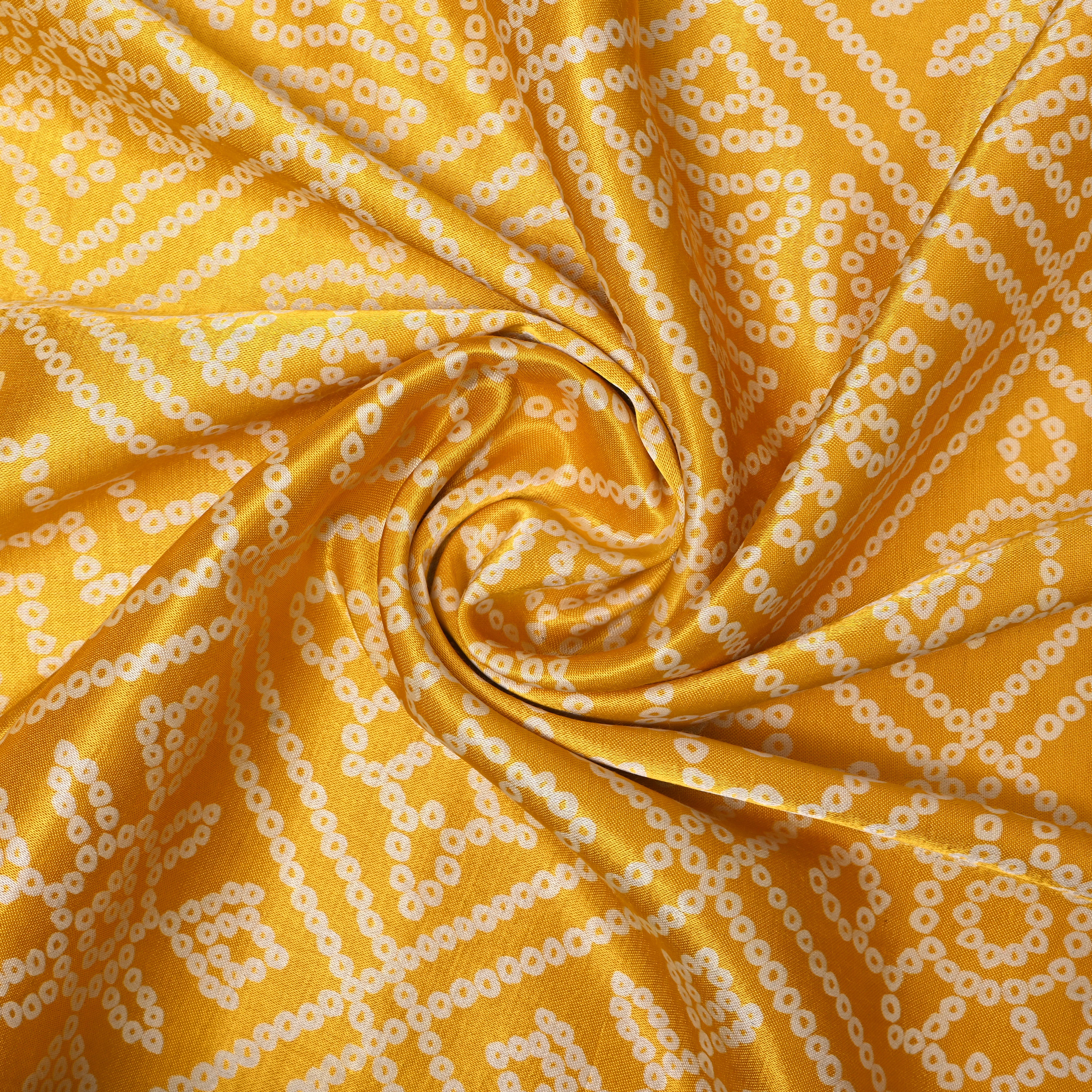 Mustard Yellow And White Geometric Bandhani Printed Satin Fabric