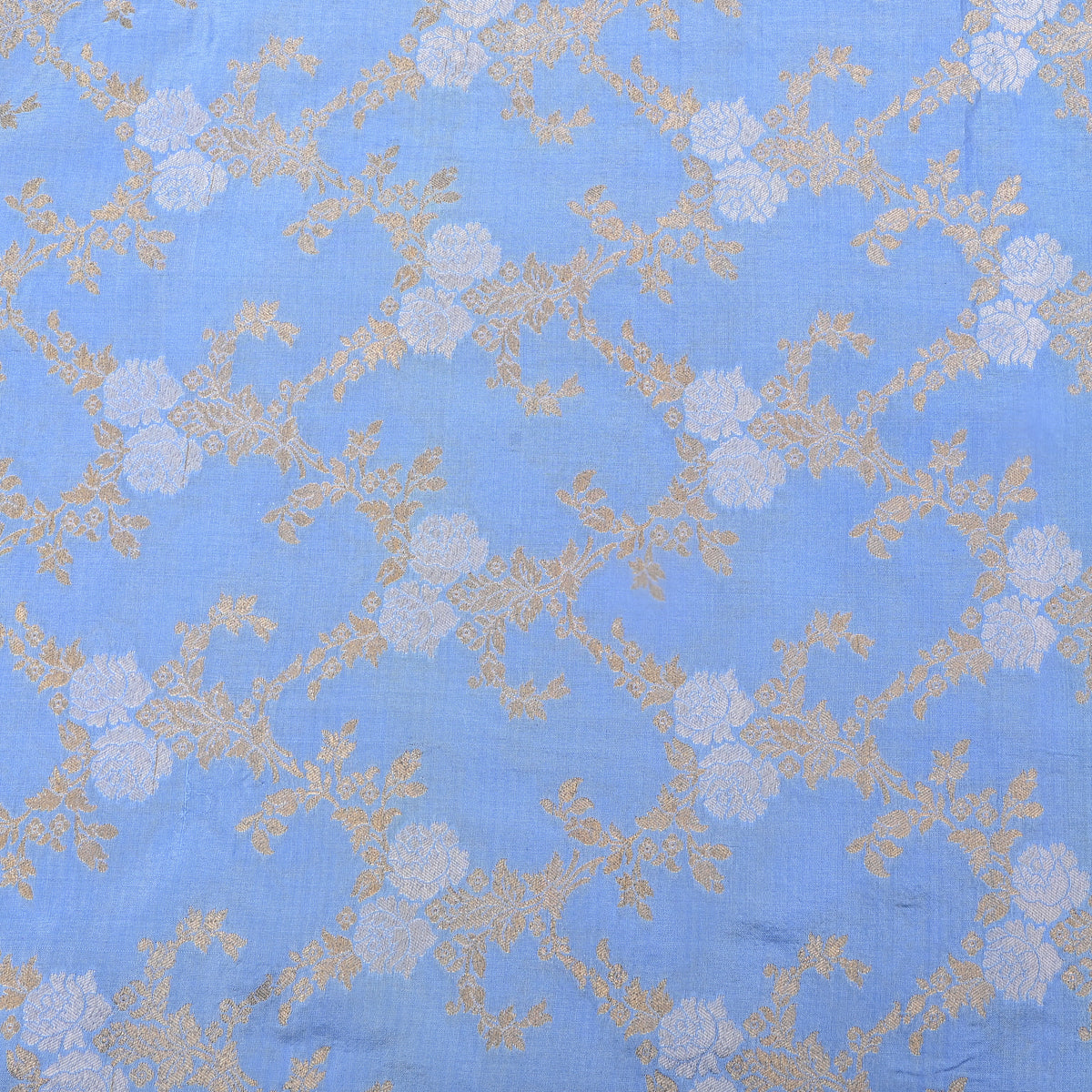 Cornflower Dual Zari Floral Trellis Jamawar Silk Fabric