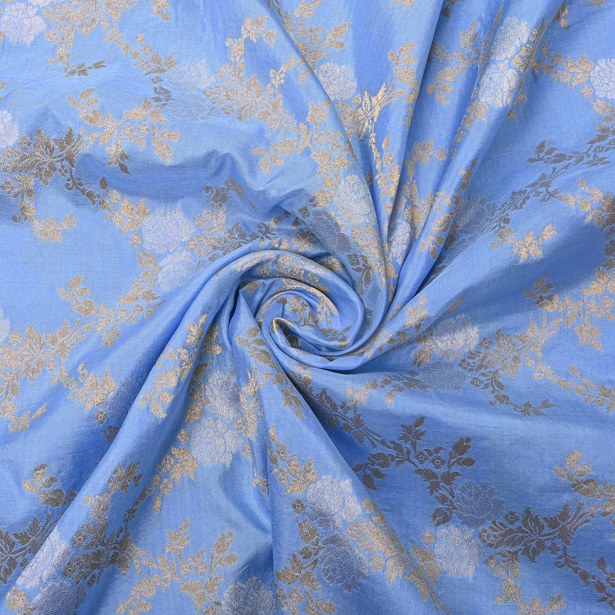 Cornflower Dual Zari Floral Trellis Jamawar Silk Fabric