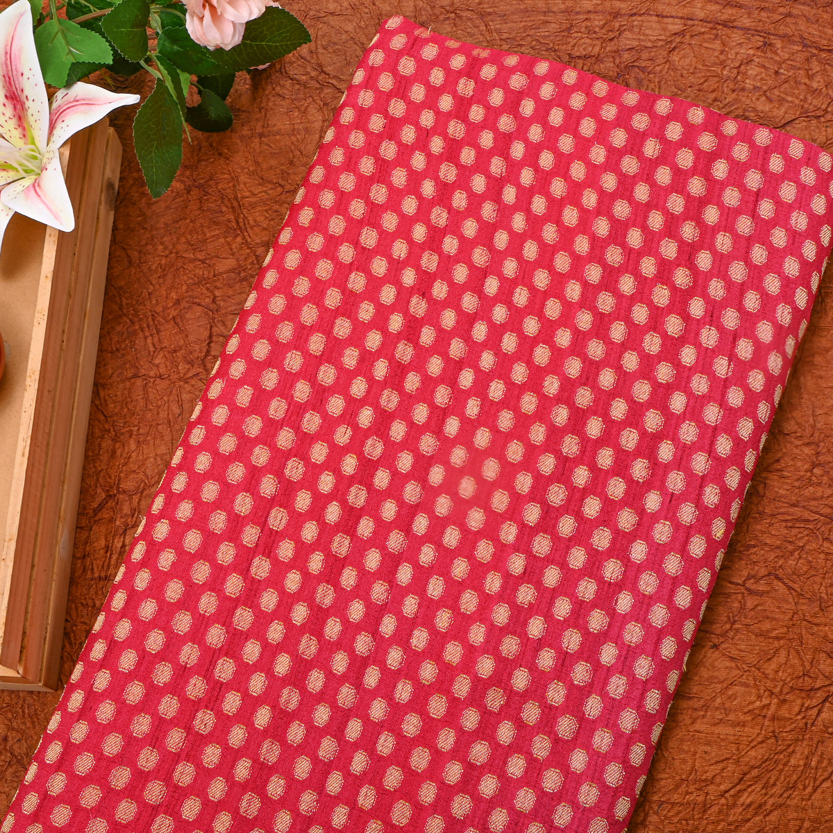 Crimson Gold Butti Banarasi  Silk Fabric