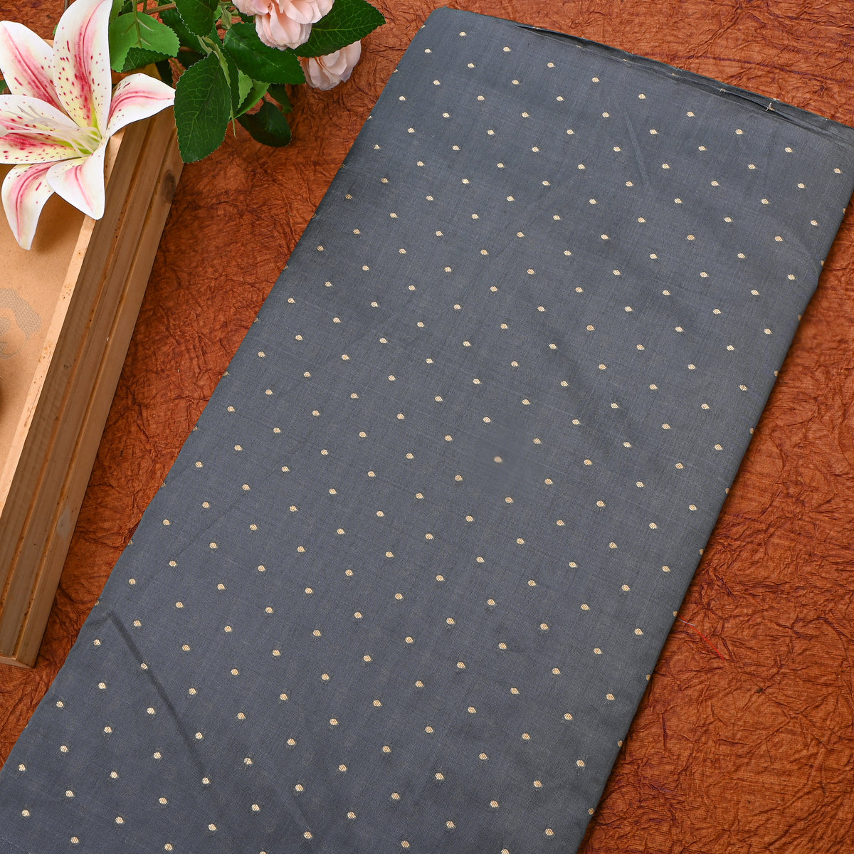 Charcoal Grey Gold Zari Butti Jamawar Silk Fabric