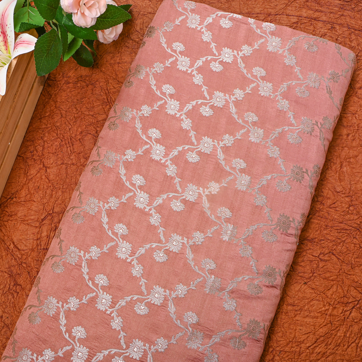 Peach Banarasi Silk Floral Weave Fabric