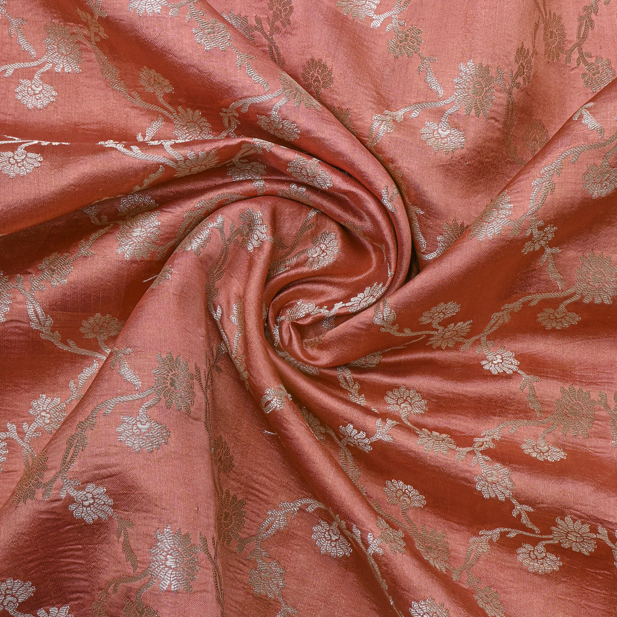 Peach Banarasi Silk Floral Weave Fabric