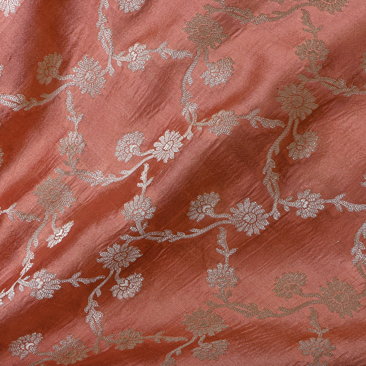 Peach Banarasi Silk Floral Weave Fabric