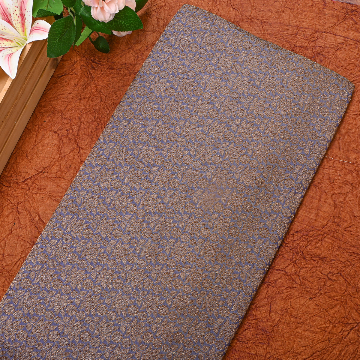 Slate Blue Antique Gold Brocade Self Weave  Banarasi Silk Fabric