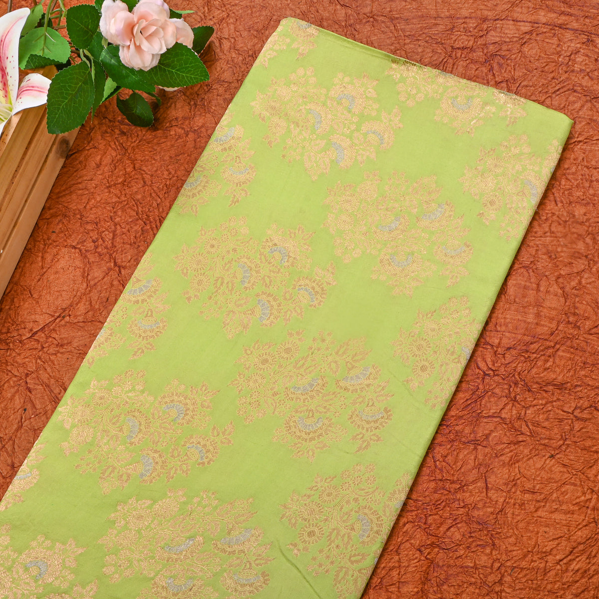 Lime Green Dual Tone Zari Weave Jamawar Silk Fabric