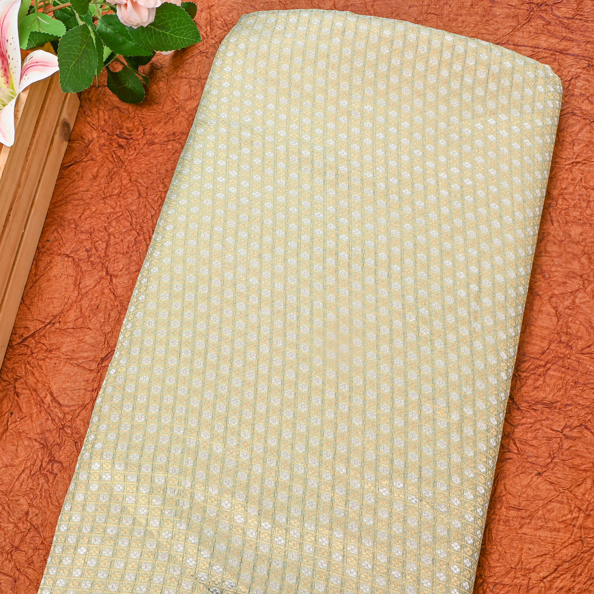 Sage Dual Tone Check Butti Jamawar Silk Fabric