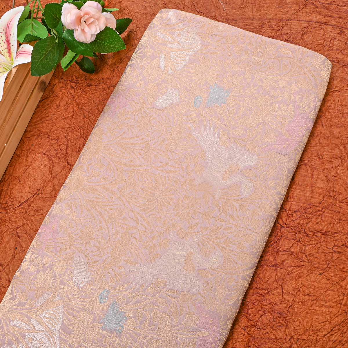 Sand Beige Dual Tone Shikargah Jamawar Silk Fabric