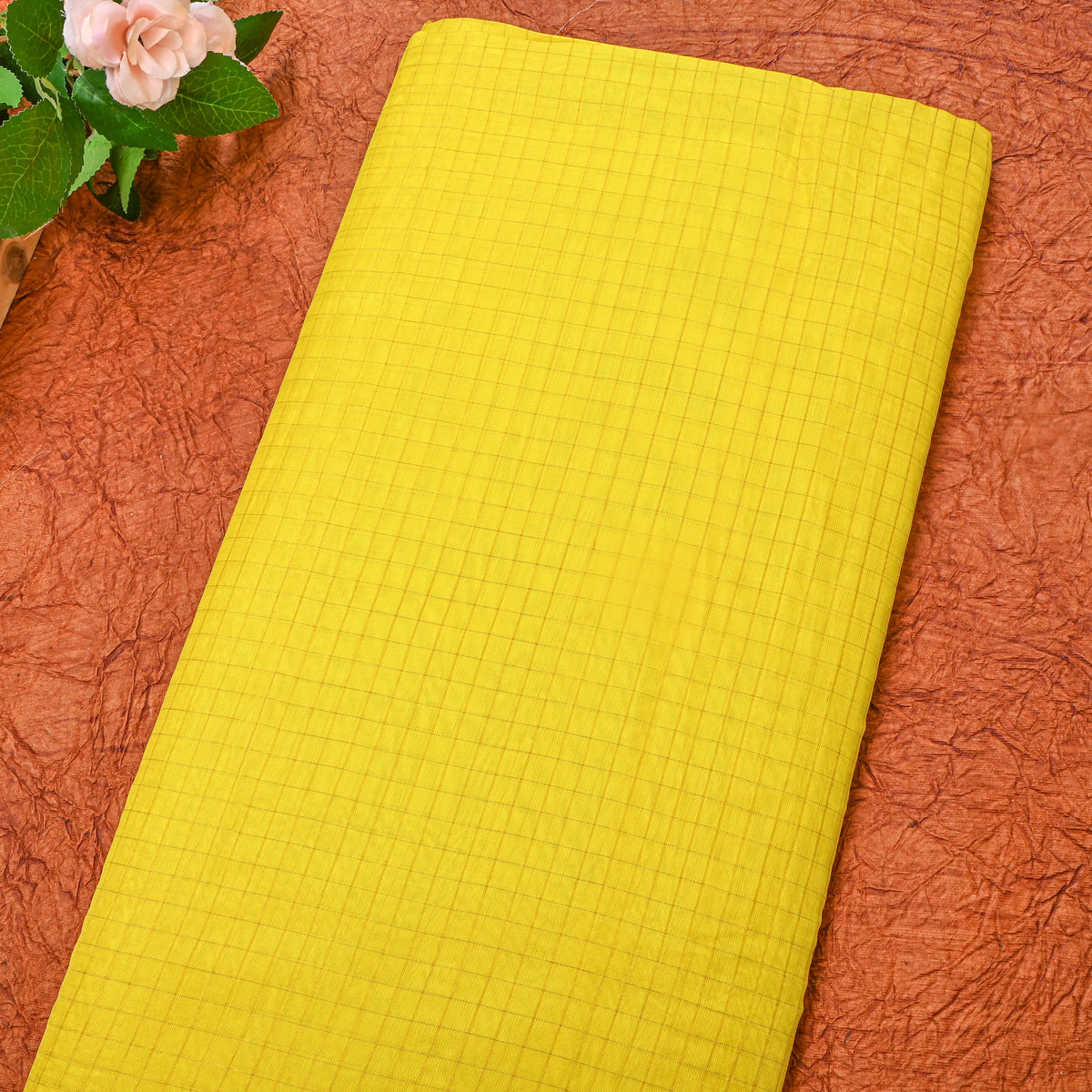 Sunshine Yellow Gold Check Self Weave Jamawar Silk Fabric