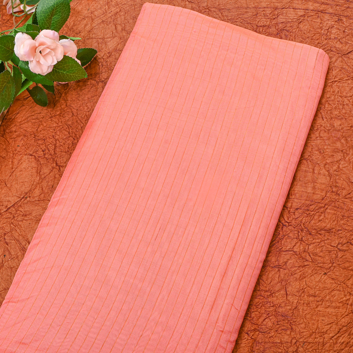Peach Blush Gold Check Floral Jamawar Silk Fabric