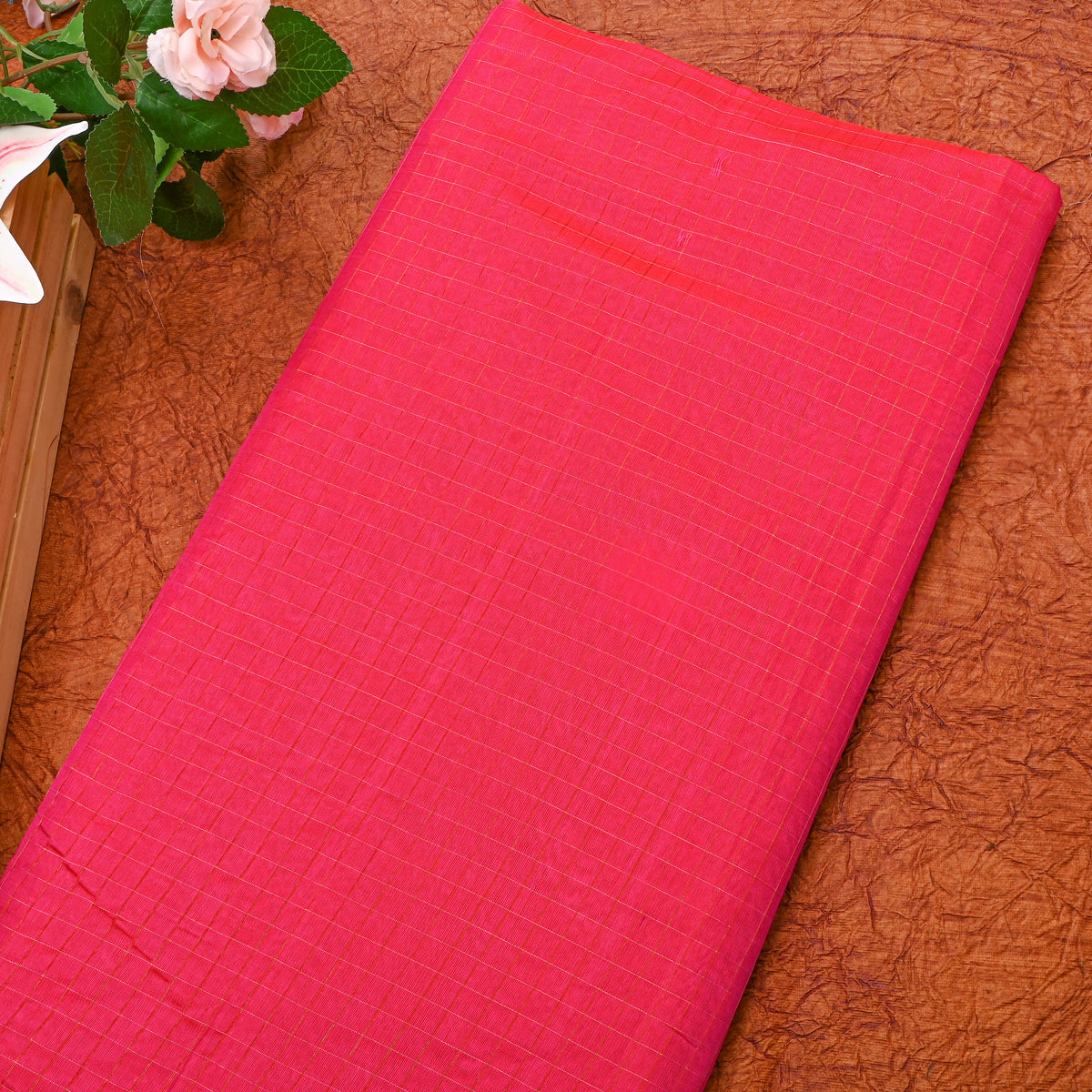 Fuchsia Gold Check Floral Jamawar Silk Fabric