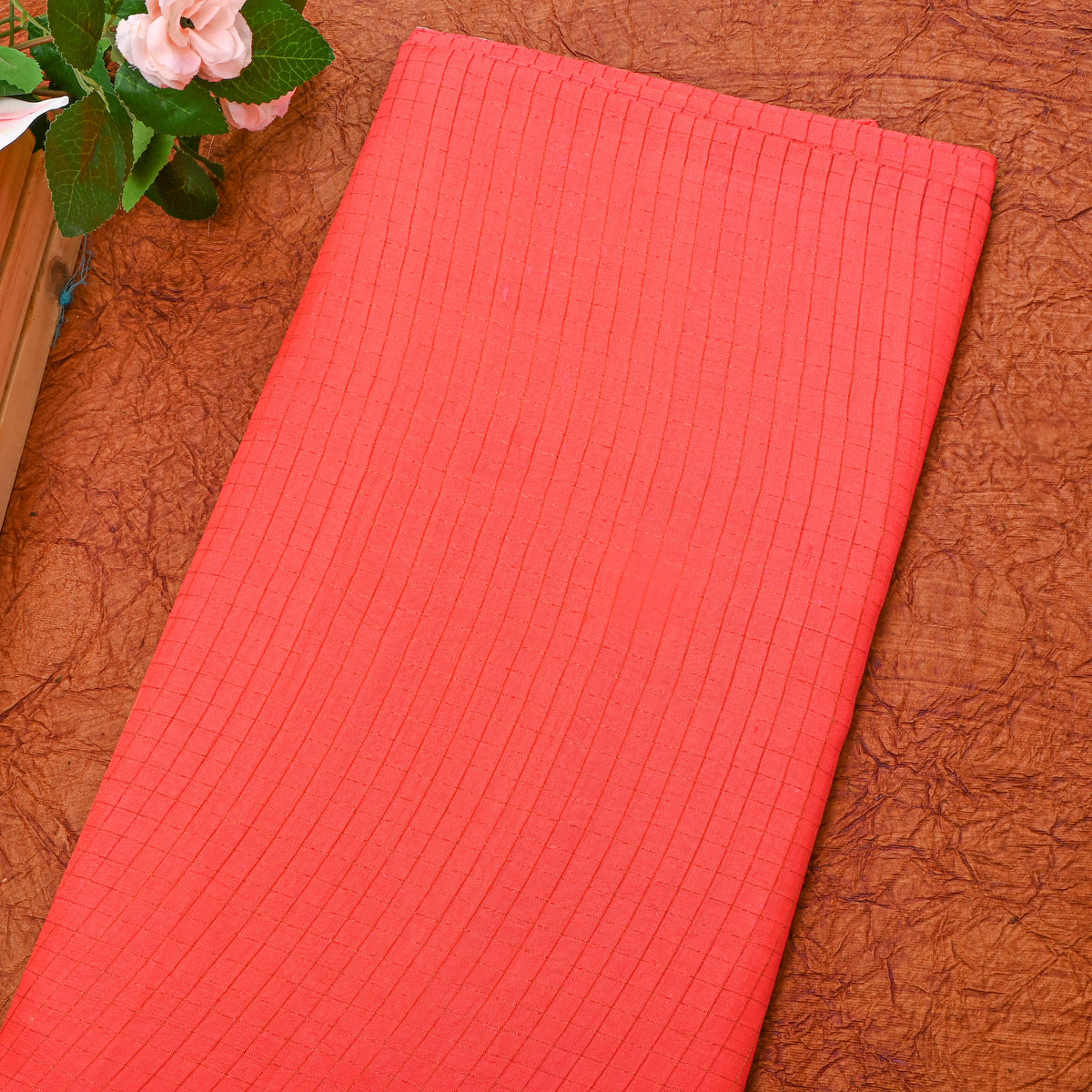 Red Gold Checks Silk Fabric