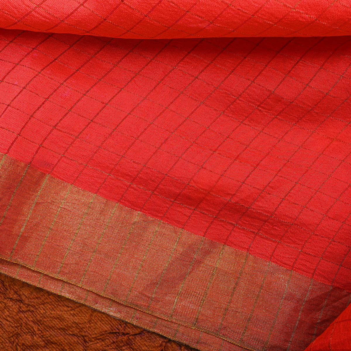 Red Gold Checks Silk Fabric