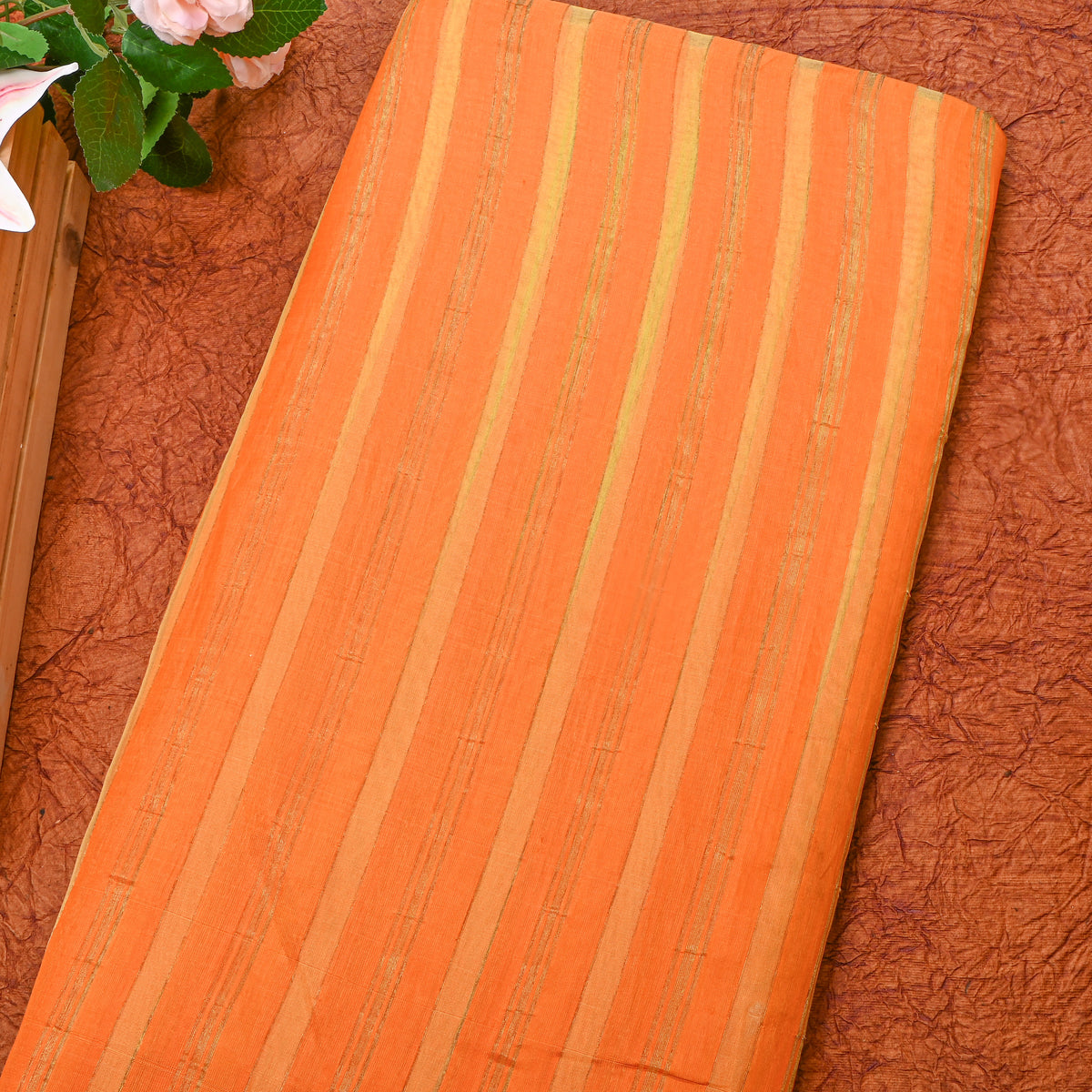 Shiny Copper Orange With Gold Zari Striped Silk Fabric