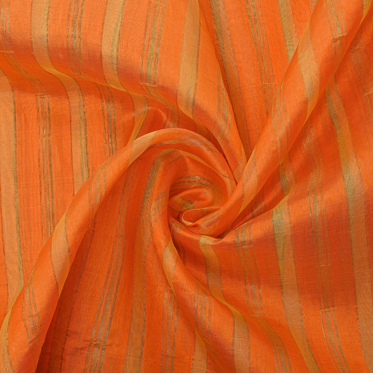 Shiny Copper Orange With Gold Zari Striped Silk Fabric