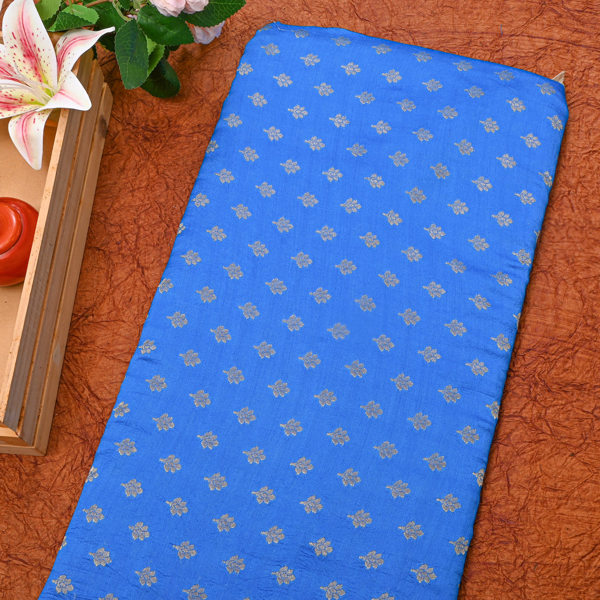 Cobalt Blue Gold Zari Floral Butti Banarasi Silk Fabric