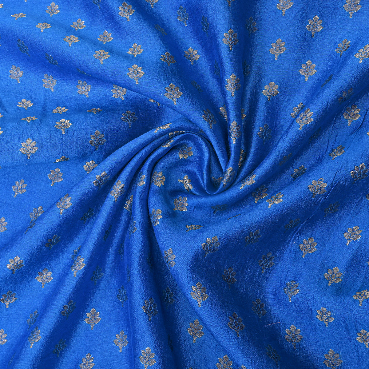 Cobalt Blue Gold Zari Floral Butti Banarasi Silk Fabric
