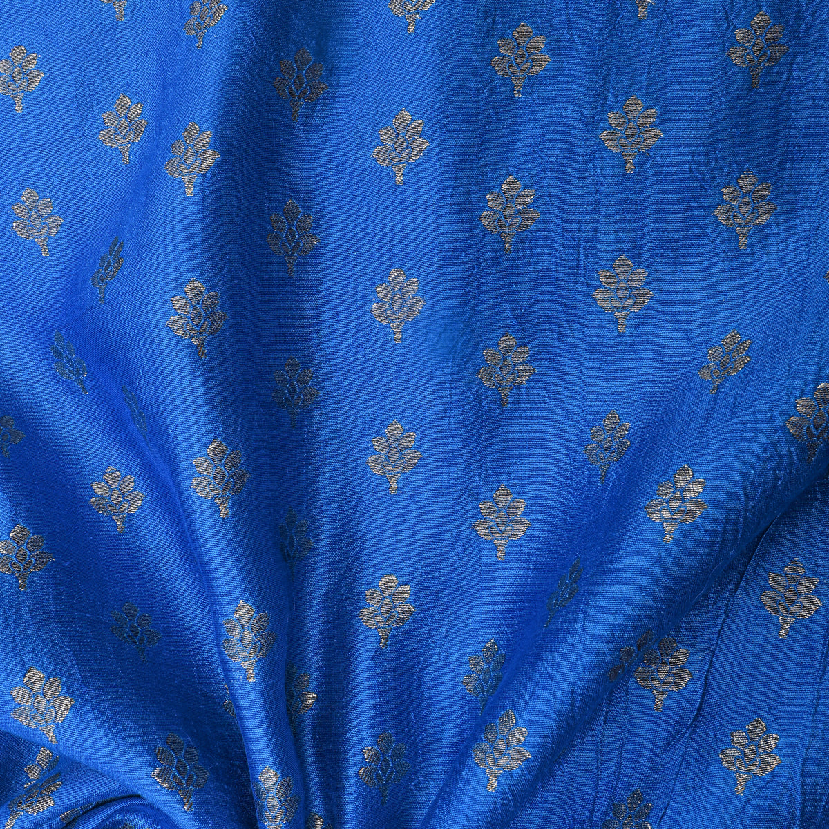 Cobalt Blue Gold Zari Floral Butti Banarasi Silk Fabric