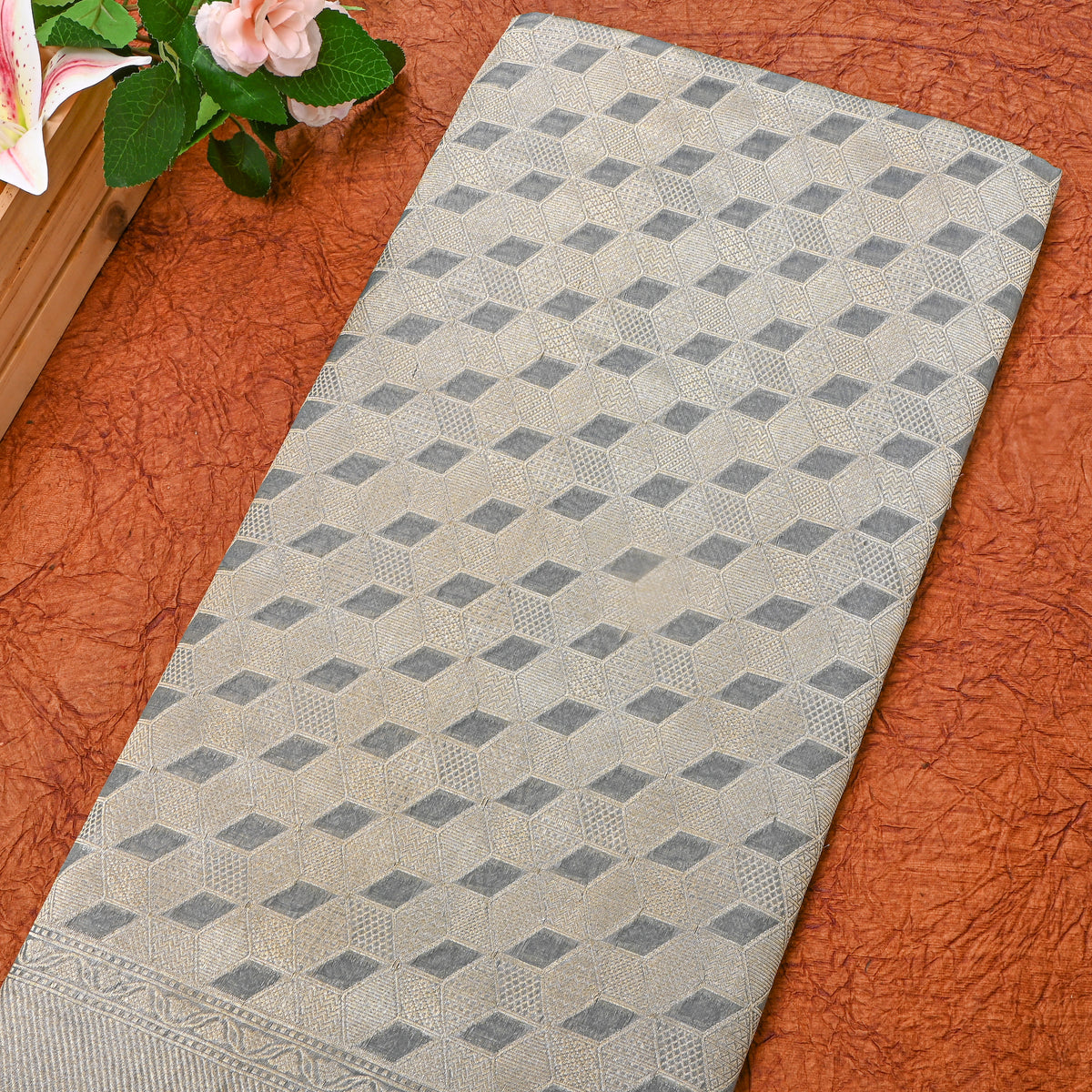 Silver Gray Geometric Weave Banarasi Silk Fabric