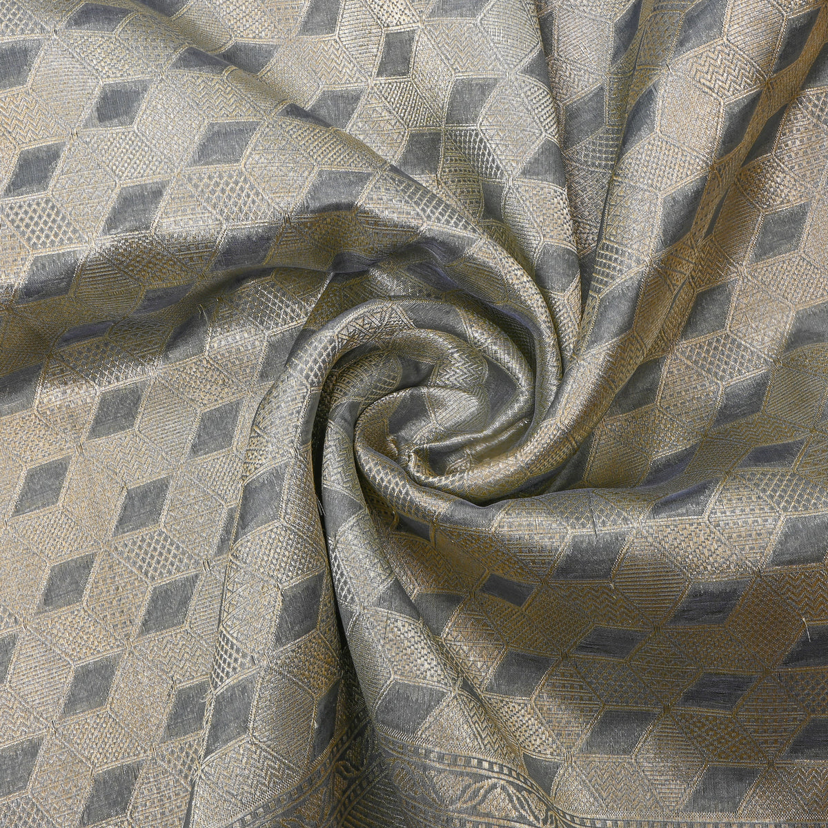 Silver Gray Geometric Weave Banarasi Silk Fabric