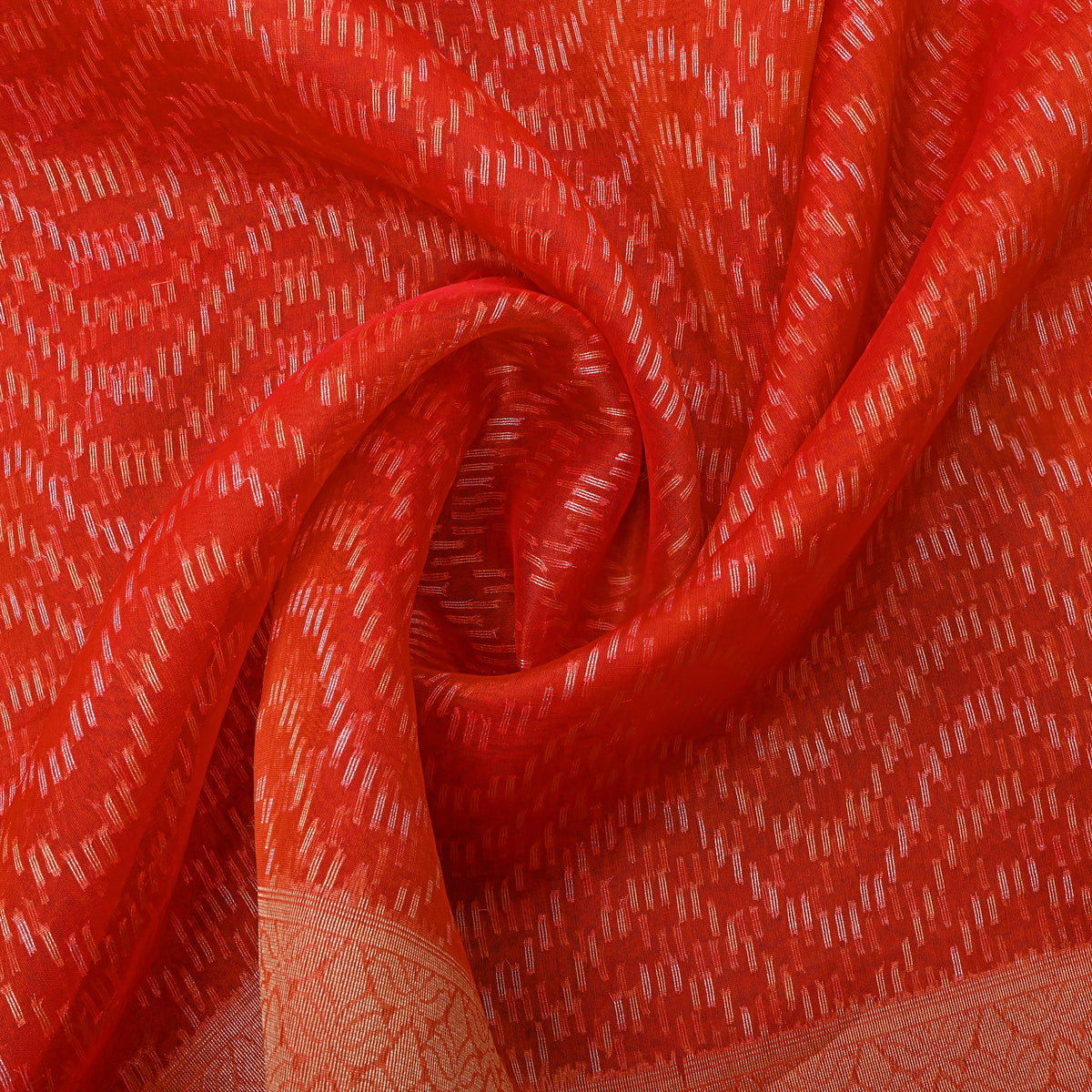 Vermilion Silver Zari Zigzag Weave Jamawar Silk Fabric
