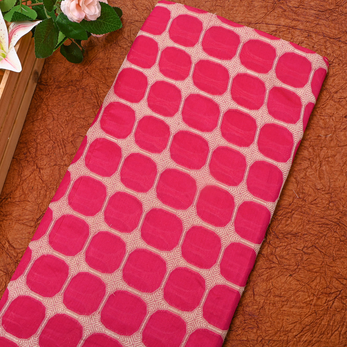 Crimson Red With Gold Zari Rouned Checked Banarasi Silk Fabric