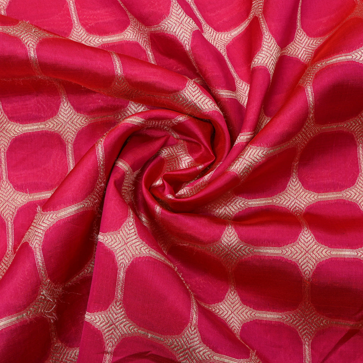 Crimson Red With Gold Zari Rouned Checked Banarasi Silk Fabric