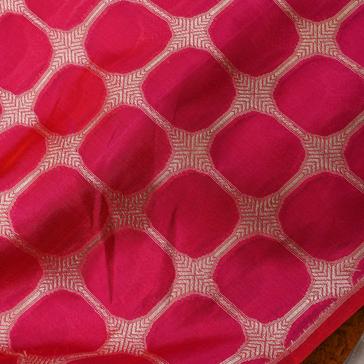Crimson Red With Gold Zari Rouned Checked Banarasi Silk Fabric