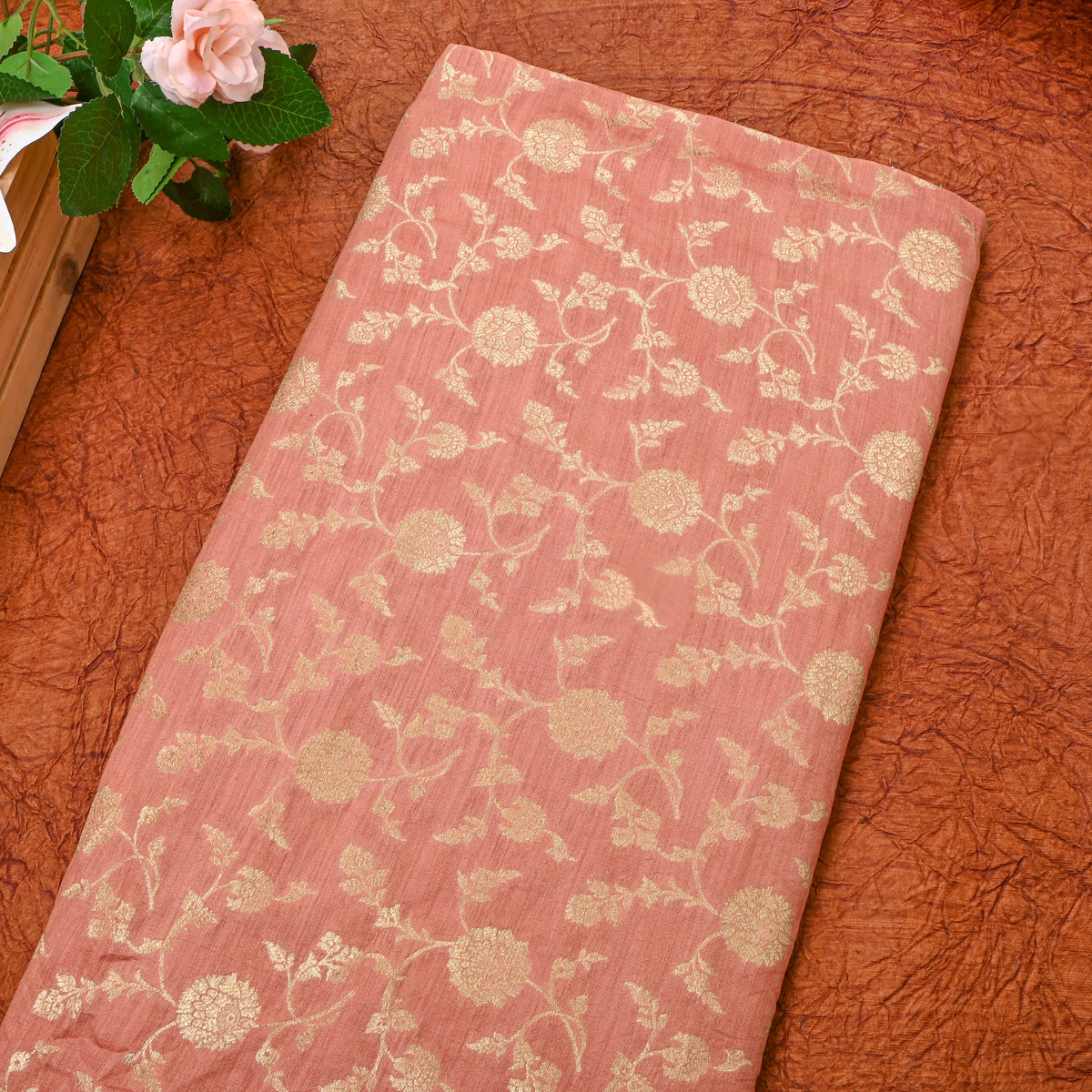Dusty Pink Gold Zari Floral Jaal Jamawar Silk Fabric