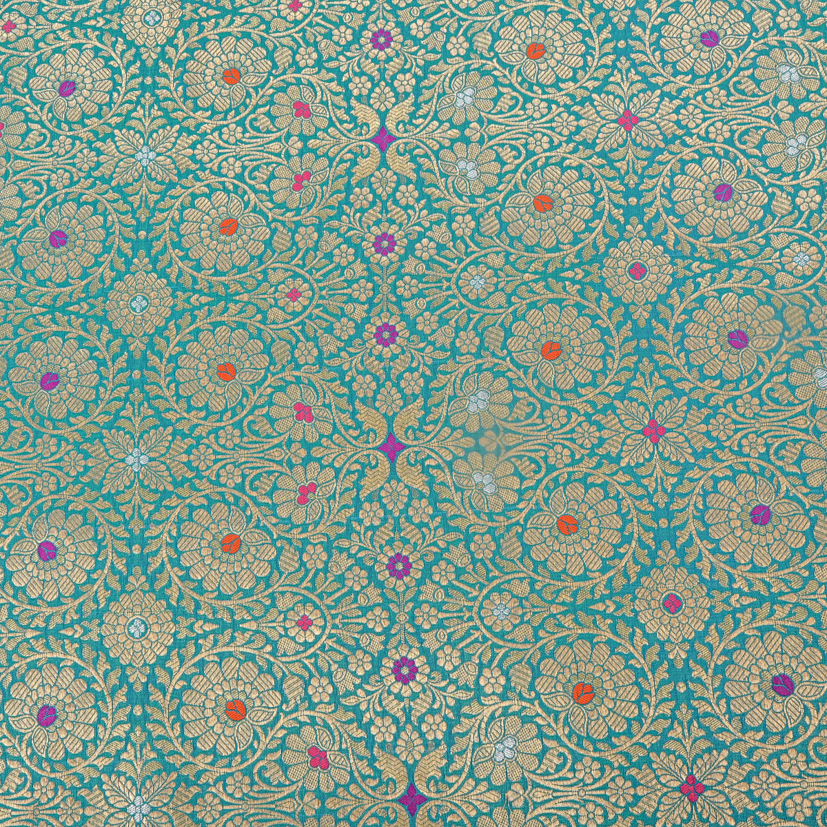 Peocock Green Gold Zari Meenakari Floral Weave Jamawar Silk Fabric
