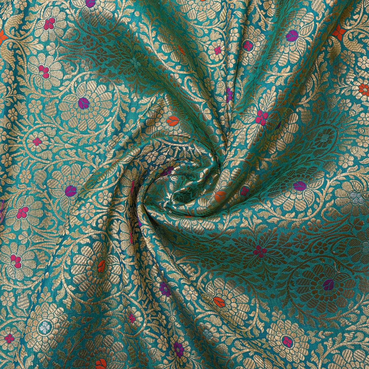 Peocock Green Gold Zari Meenakari Floral Weave Jamawar Silk Fabric