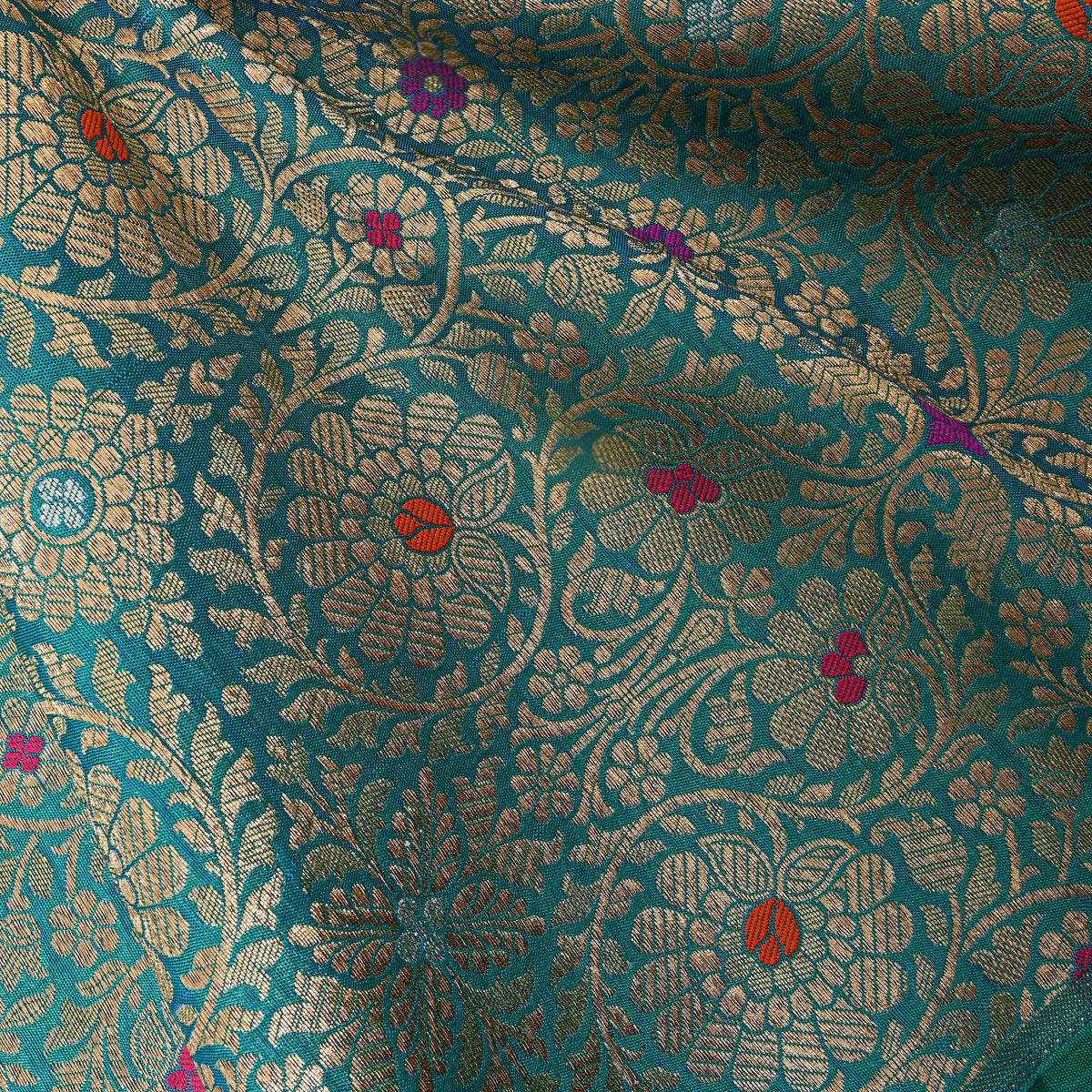 Peocock Green Gold Zari Meenakari Floral Weave Jamawar Silk Fabric