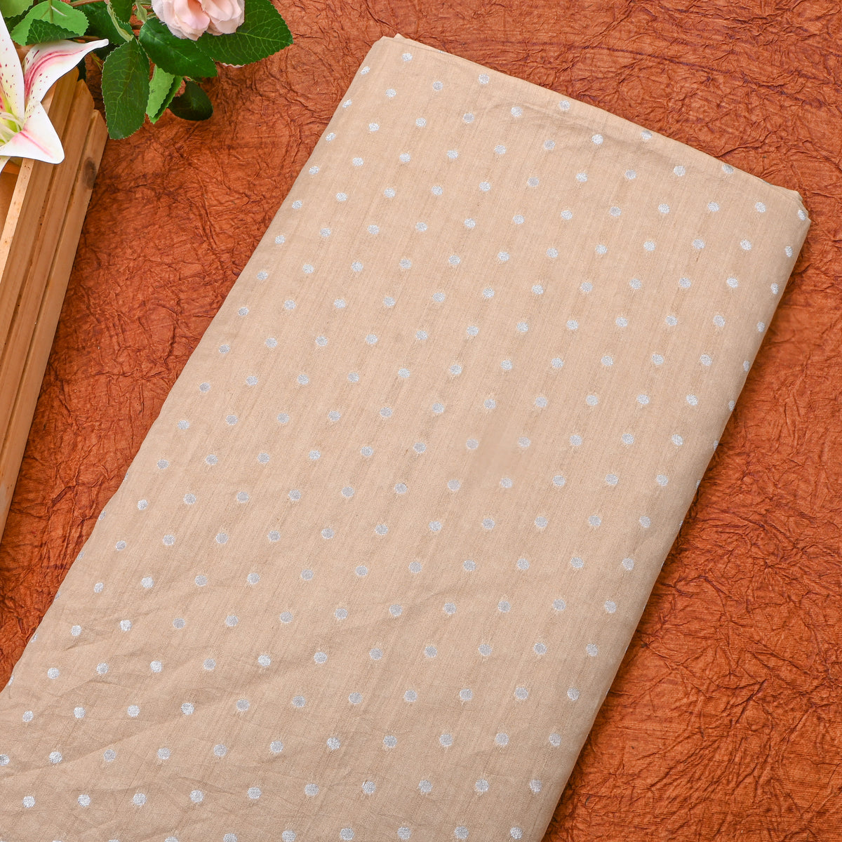 Beige With Silver Zari Dot Butti Banarasi Silk Fabric