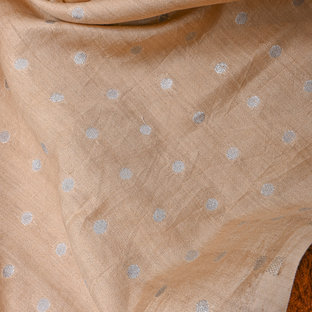 Beige With Silver Zari Dot Butti Banarasi Silk Fabric
