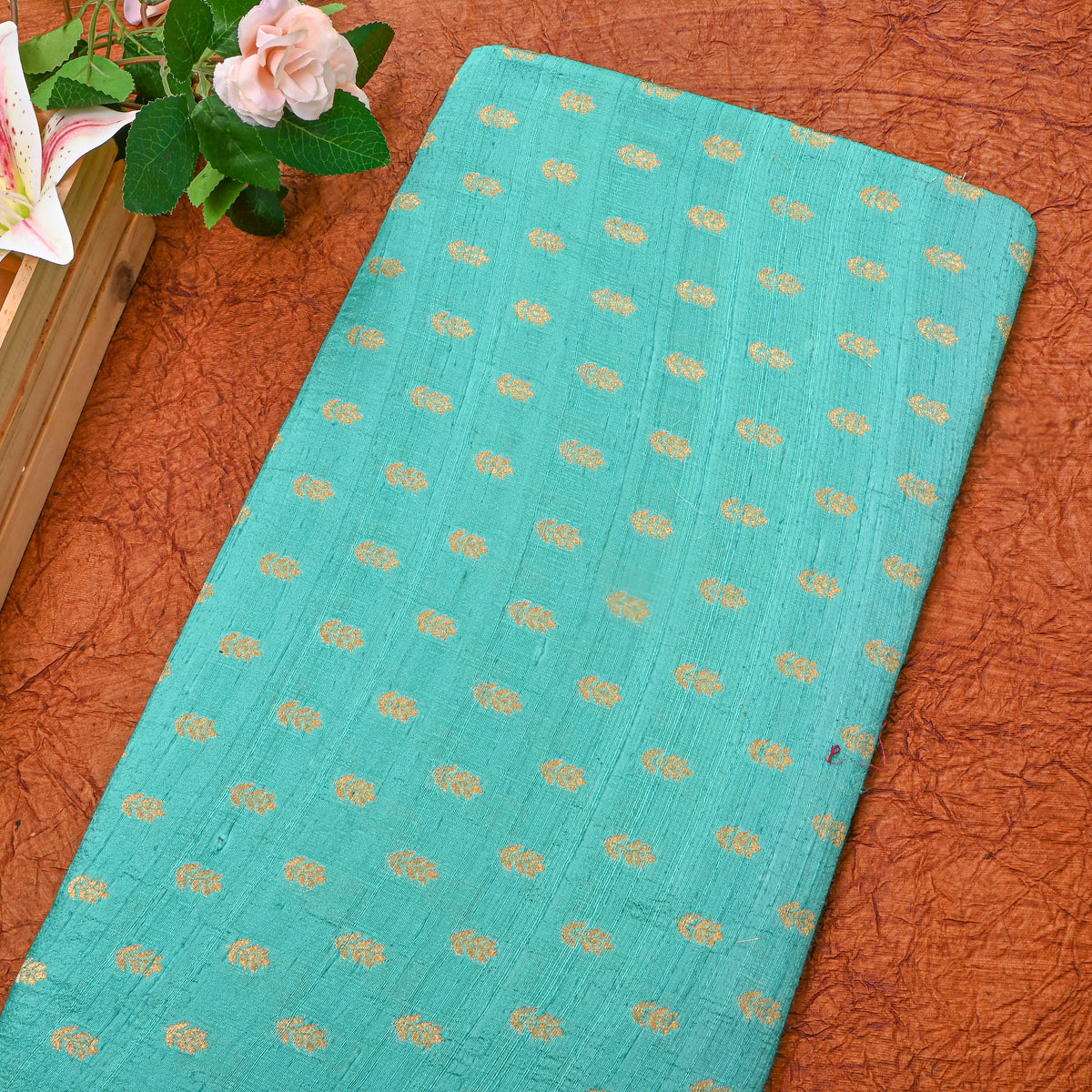Teal Gold Zari Butti Banarasi Fabric