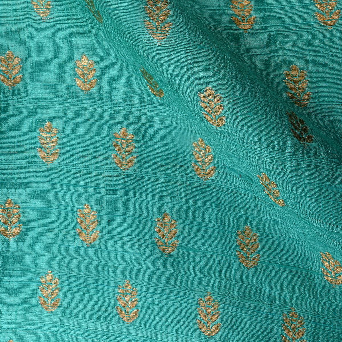 Teal Gold Zari Butti Banarasi Fabric