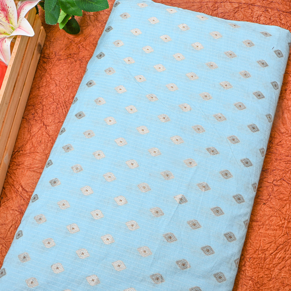 Sky Blue Silver Zari Diamond Butti Stripe Jamawar Silk Fabric